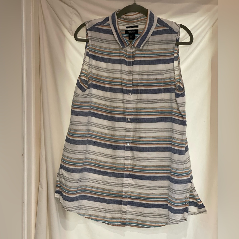 Jones New York  100% Linen Sleeveless Striped Button Front Shirt - Size L